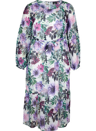 Blommig midiklänning med långa ärmar, Purple Flower mix, Packshot image number 0