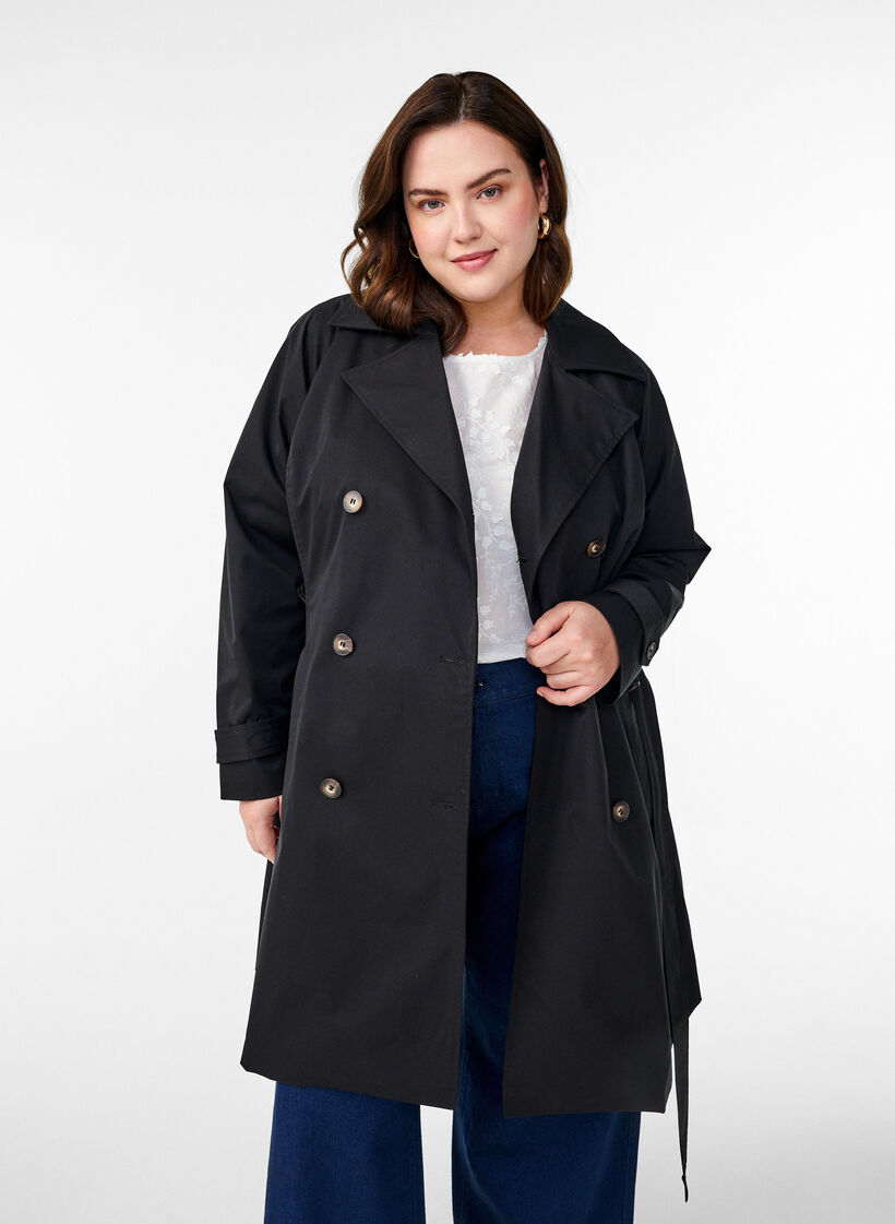 Halvlång trenchcoat med skärp, Black, Model image number 0