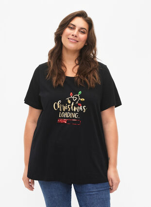T-shirt med jultryck och paljetter, Black W. Loading, Model image number 0