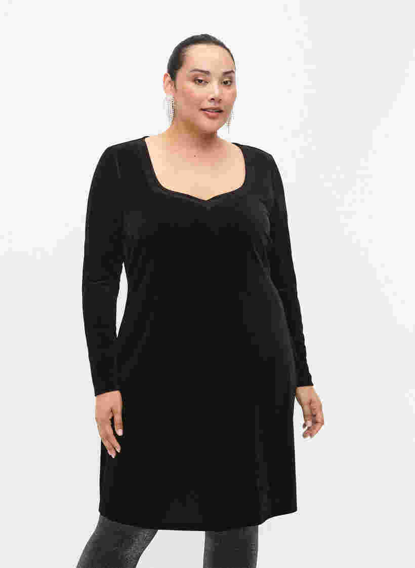 Klänning i velour med långa ärmar, Black, Model image number 0