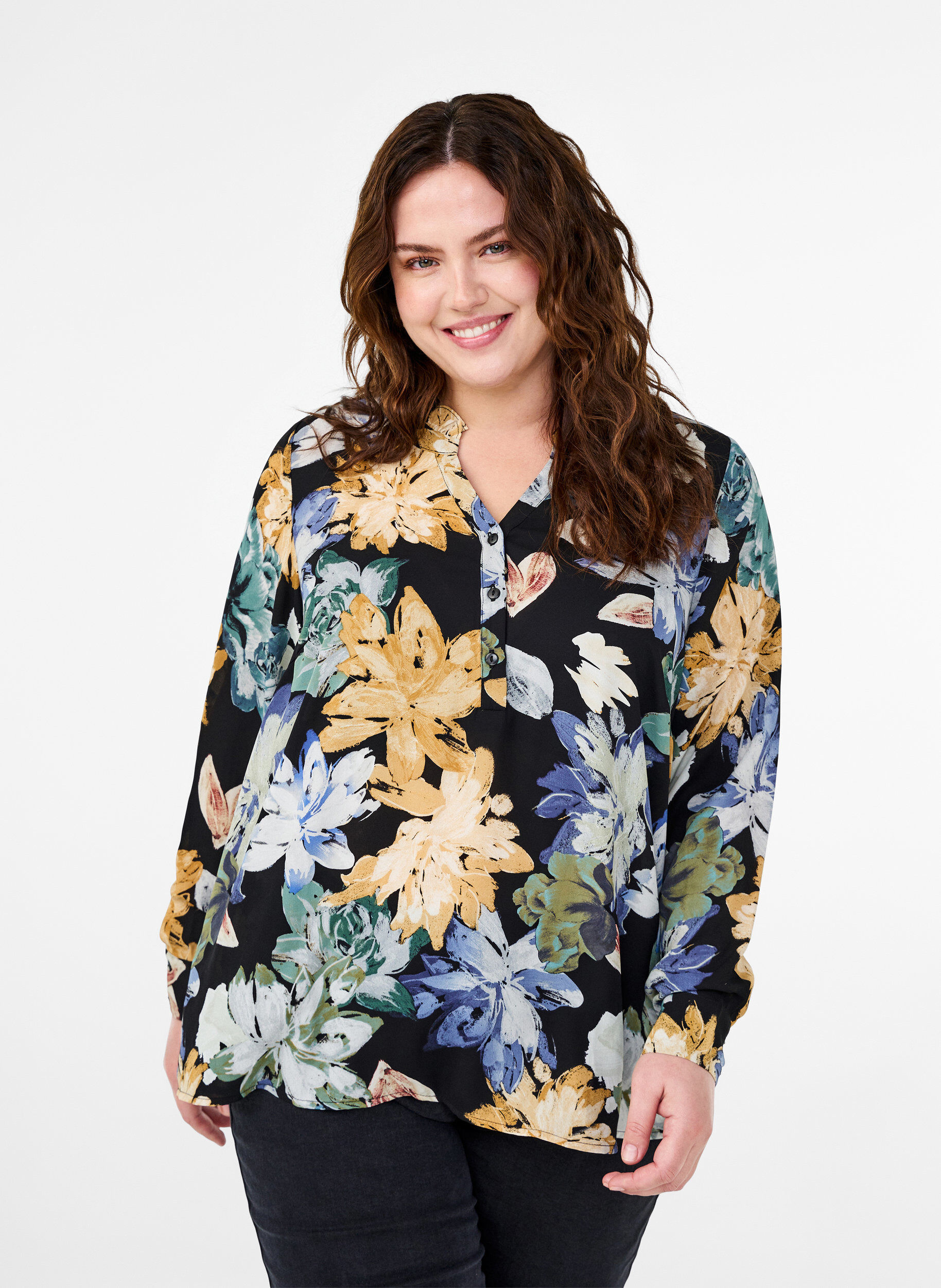 Zizzi L&aring;ng&auml;rmad blus med blommigt tryck, Yellow Flower AOP, Model image number 0