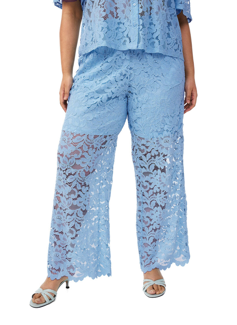 Byxor i spets med h&ouml;g midja och raka ben, Bl&aring;, Model image number 2