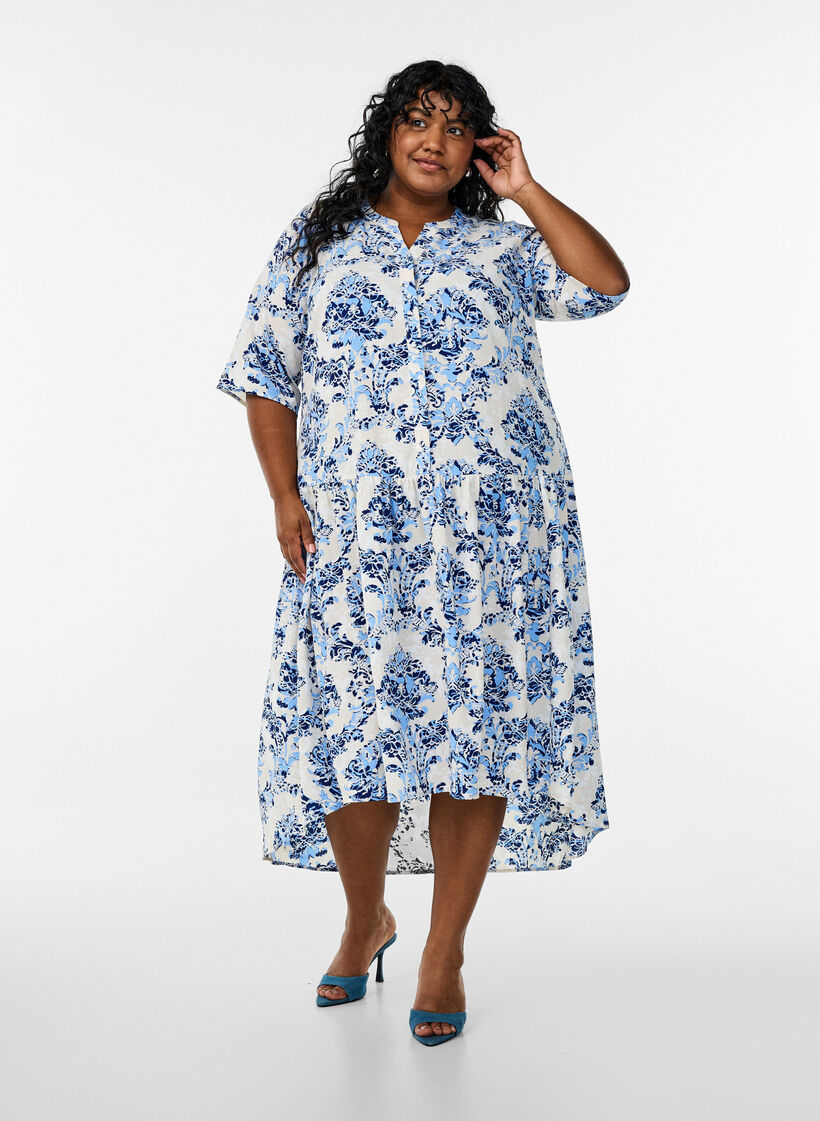 Midiklänning i A-linjeform med kort ärm, Beige, Model image number 1