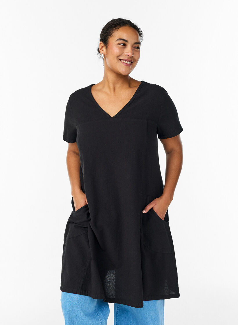 Kort&auml;rmad kl&auml;nning i bomull, Svart, Model image number 0