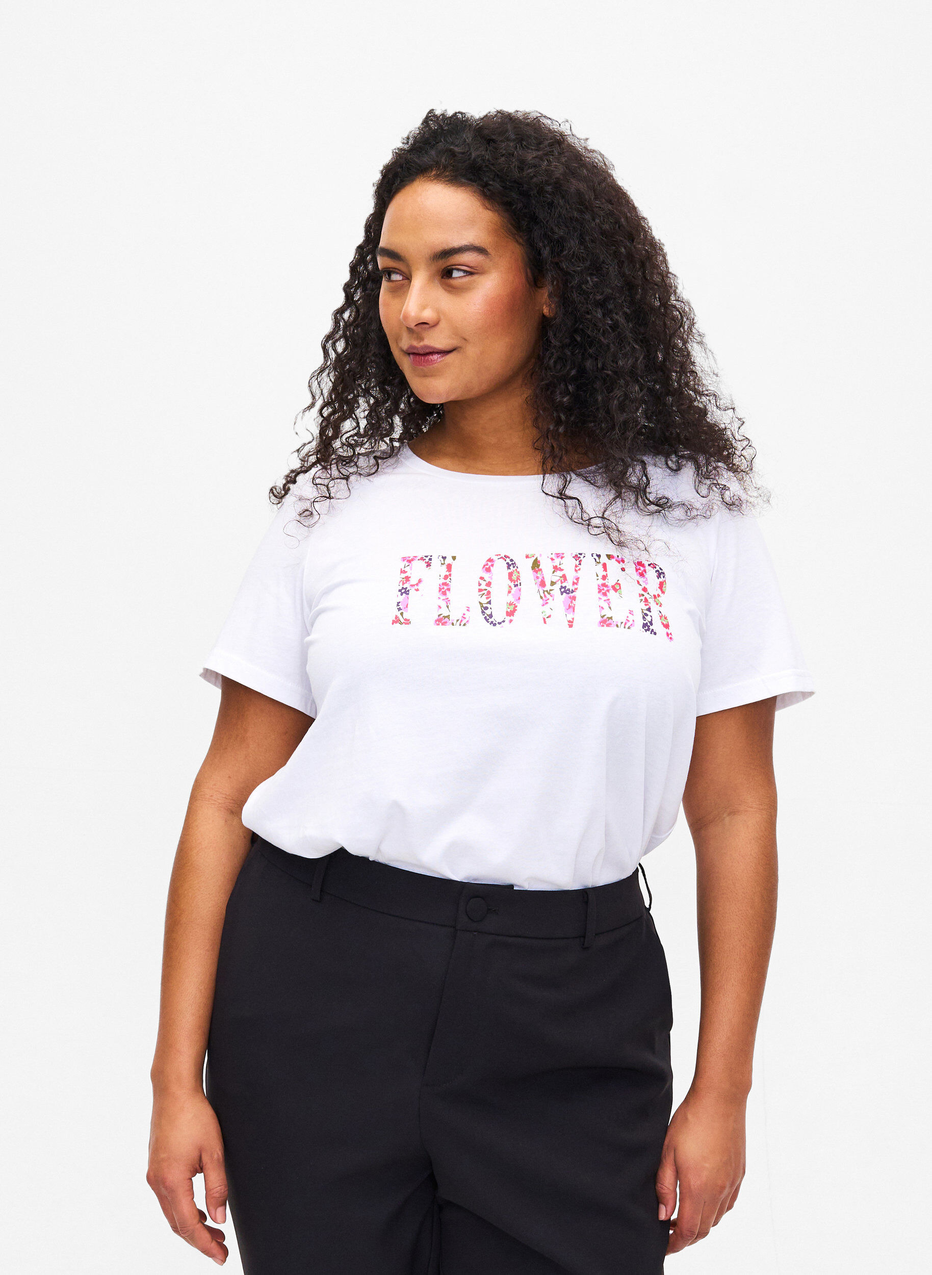 Zizzi T-shirt i bomull med texttryck, B. White w. Flower, Model image number 0