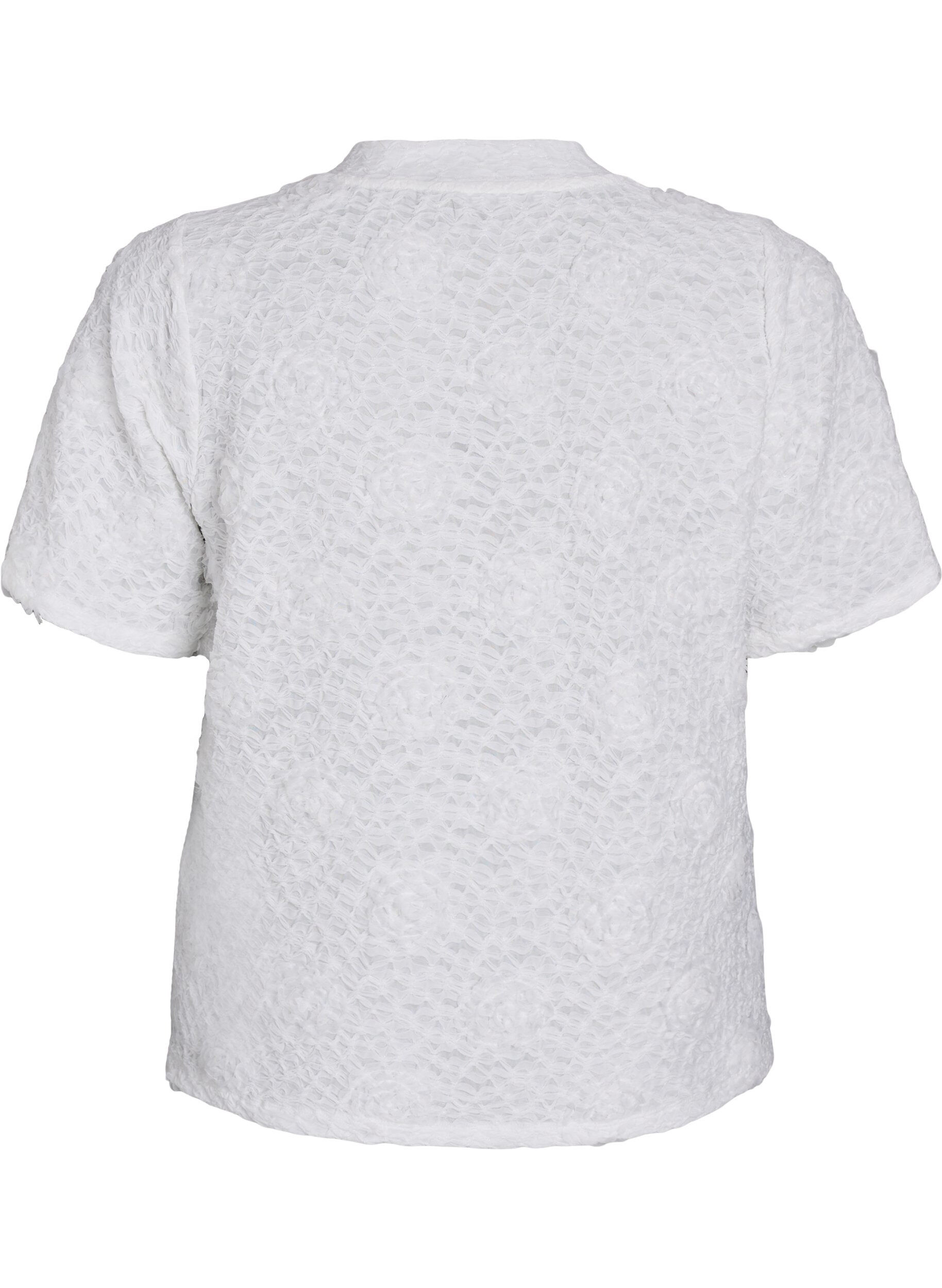 Zizzi Blus med 3D-blommor och korta &auml;rmar, Vit, Packshot image number 1
