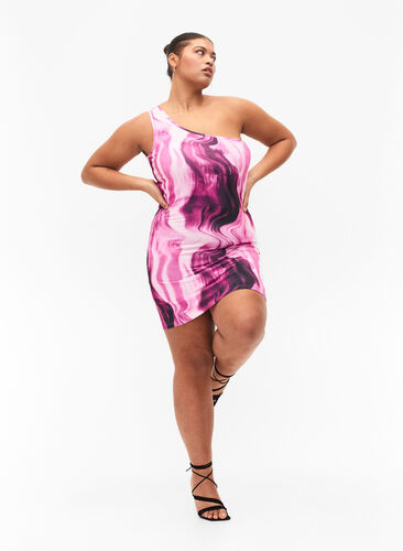 Kroppsnära one-shoulder klänning med tryck, Raspberry Rose AOP, Model image number 3