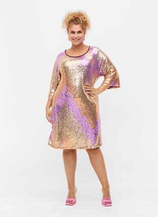 Paljettklänning med 3/4-ärmar, Gold Mulit Sequins, Model image number 2