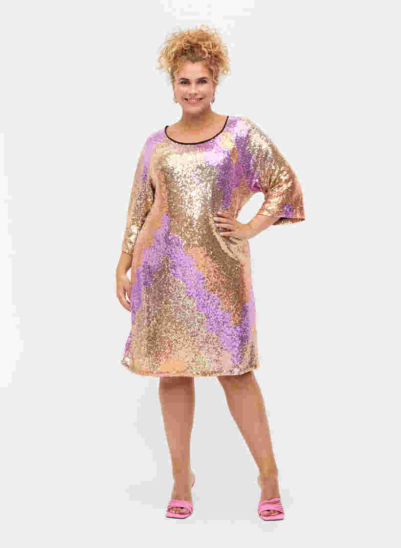 Paljettklänning med 3/4-ärmar, Gold Mulit Sequins, Model image number 2