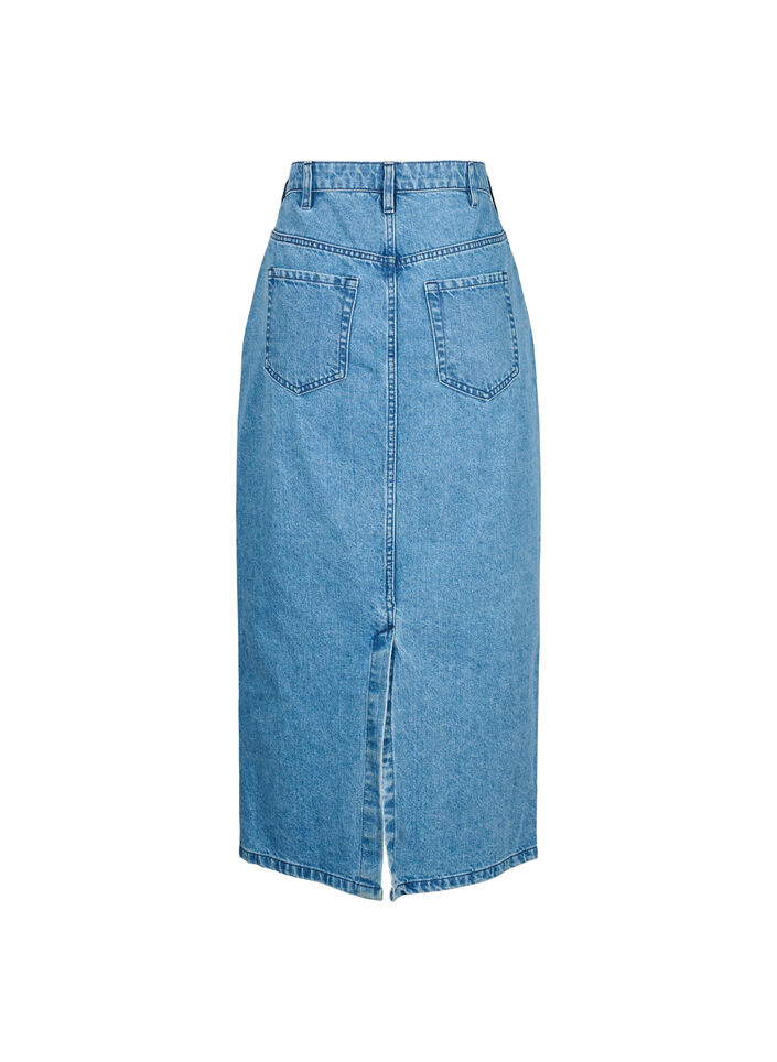 Medellång jeanskjol med slits baktill, Denim Blue, Packshot image number 1