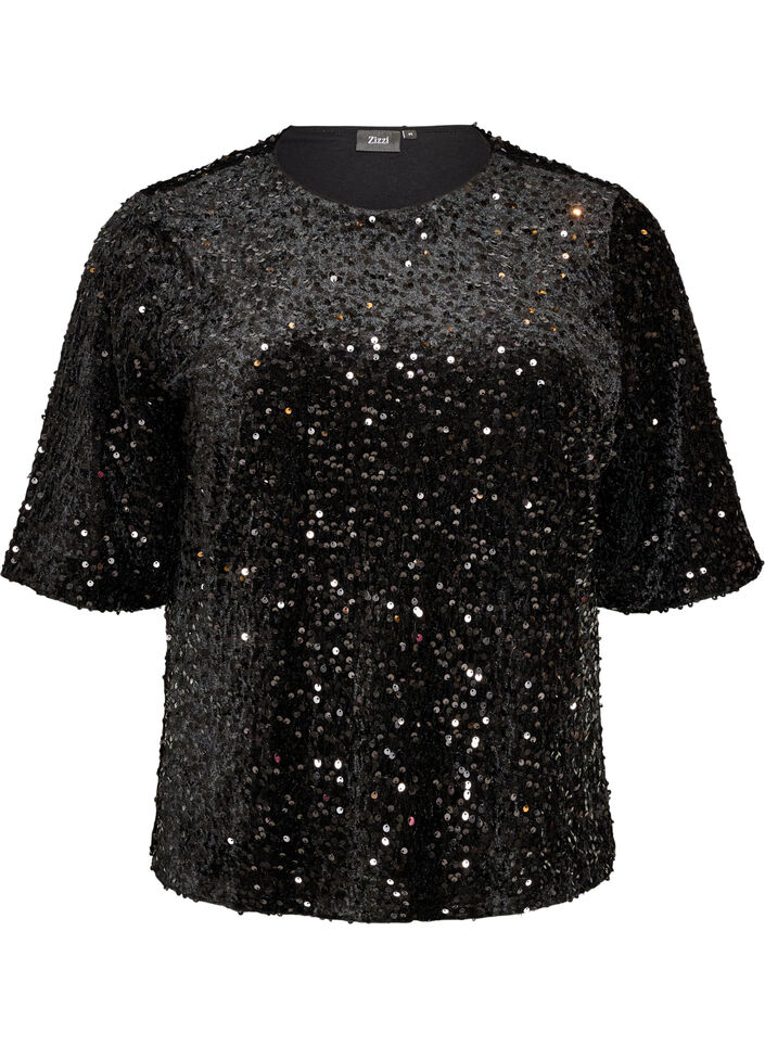 Blus med paljetter och armb&aring;gsl&aring;nga &auml;rmar, Svart, Packshot image number 0