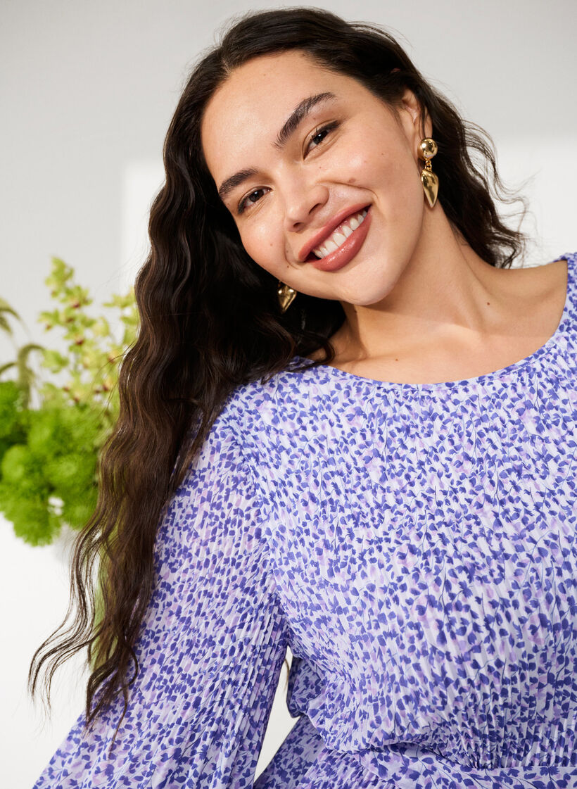 Blommig plisserad klänning med dragsko, Small Flower AOP, Image image number 0