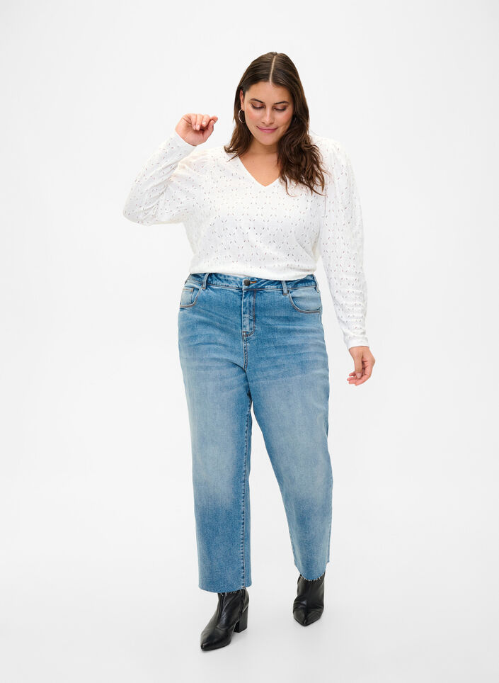 Croppade jeans med råa kanter och hög midja, Light blue denim, Image