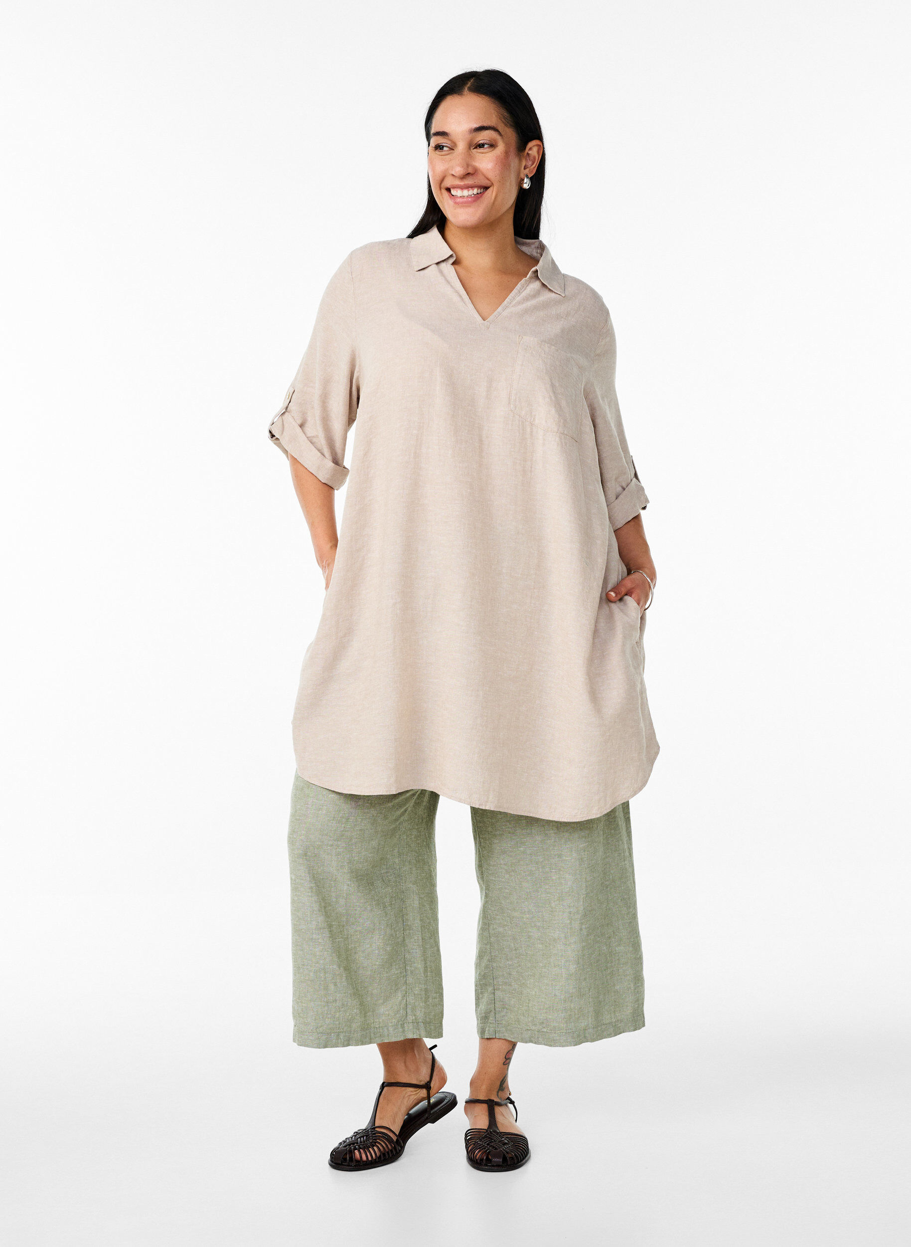 ZizziTunika i linne och viskos med A-linjeform, Beige, Model image number 1