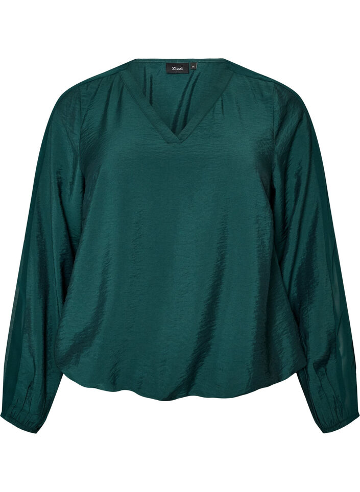 Blus med ballongeffekt och chiffongdetaljer, Gr&ouml;n, Packshot image number 0