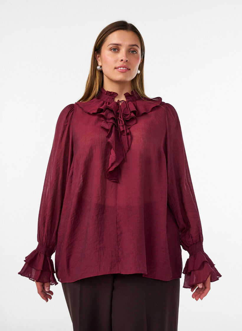 Blus i viskos med volanger och l&aring;nga &auml;rmar, R&ouml;d, Model image number 0