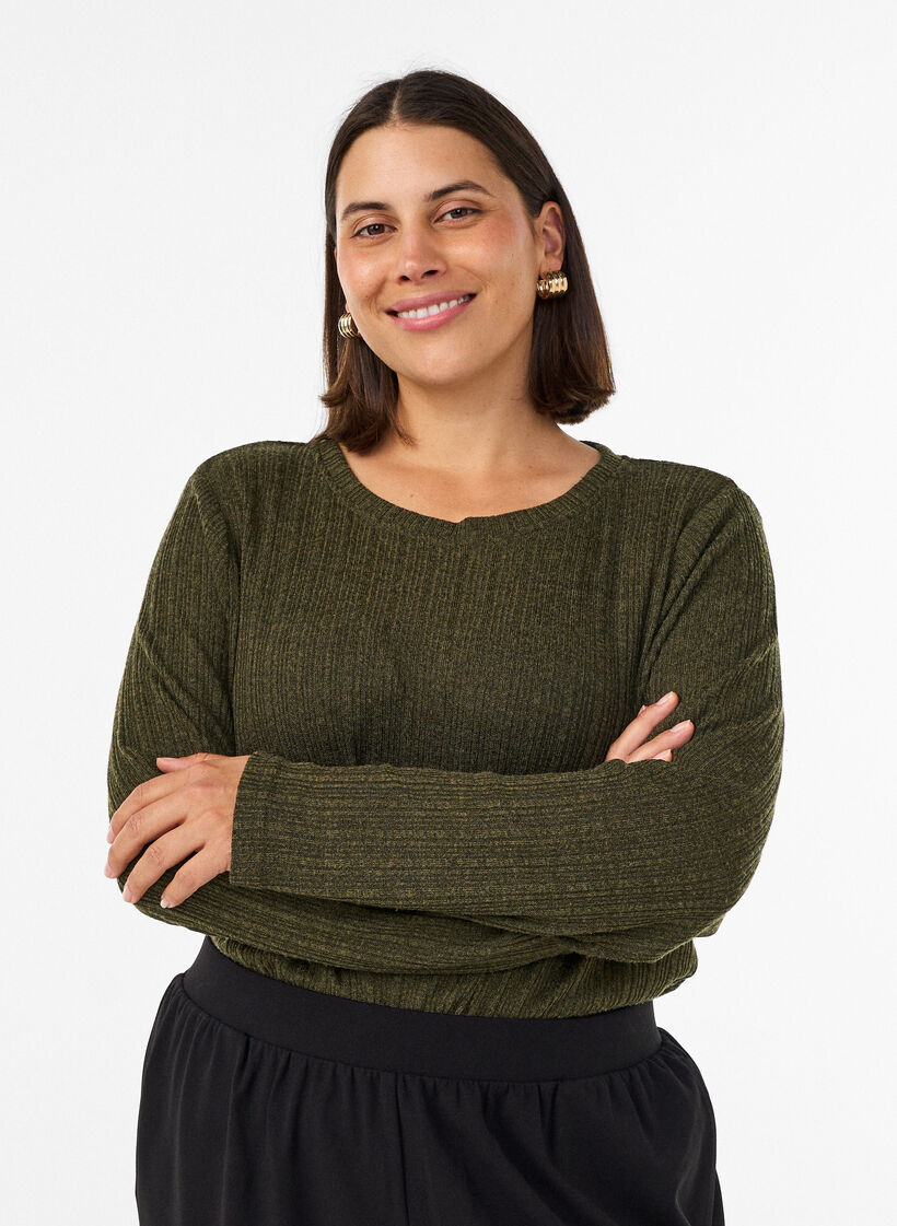 Jerseyblus med ribbstruktur och l&aring;nga &auml;rmar, Gr&ouml;n, Model image number 0