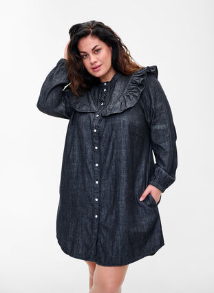 Jeansklänning med dekorativa knappar och volanger, Black Washed, Model image number 0