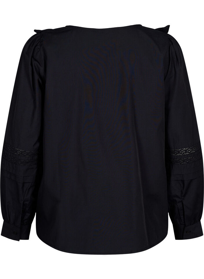 Blus med volanger och spets, Svart, Packshot image number 1