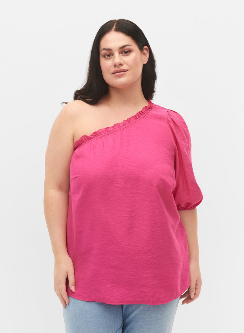One-shoulder blus i viskos, Rosa, Model image number 0