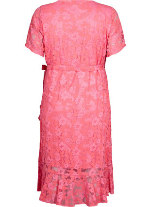 Omlottklänning med spets och korta ärmar, Pink Carnation, Packshot image number 1