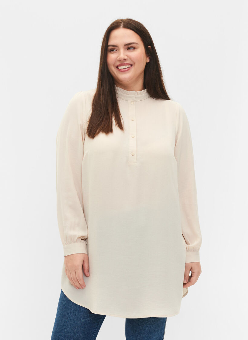 Långärmad tunika med volangkrage, Warm Off-white, Model image number 0
