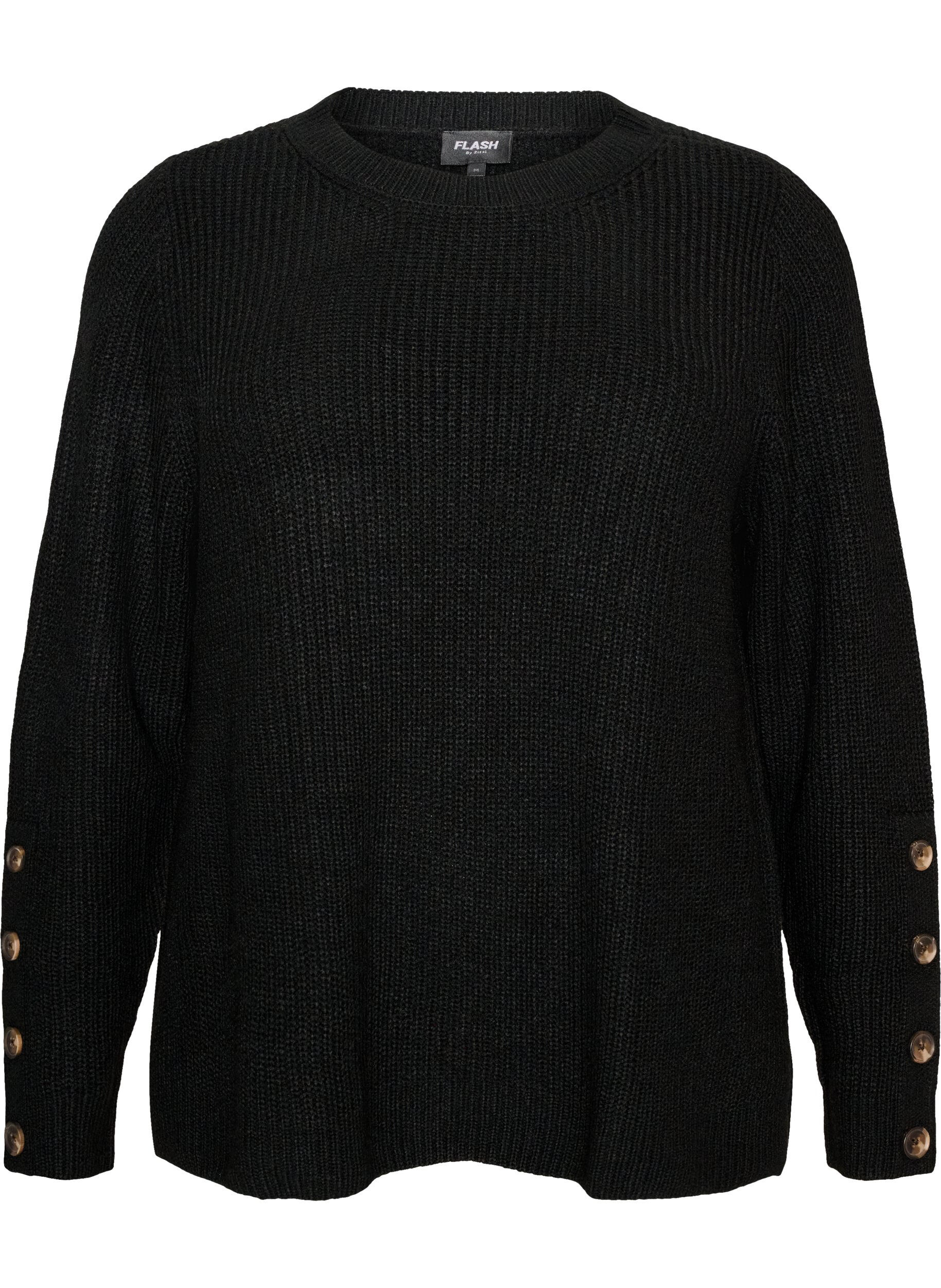 ZizziStickad blus med ribbstruktur och knappdetaljer, Svart, Packshot image number 0