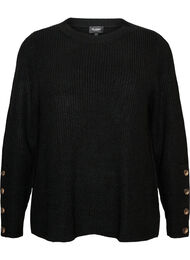Stickad blus med ribbstruktur och knappdetaljer, Svart