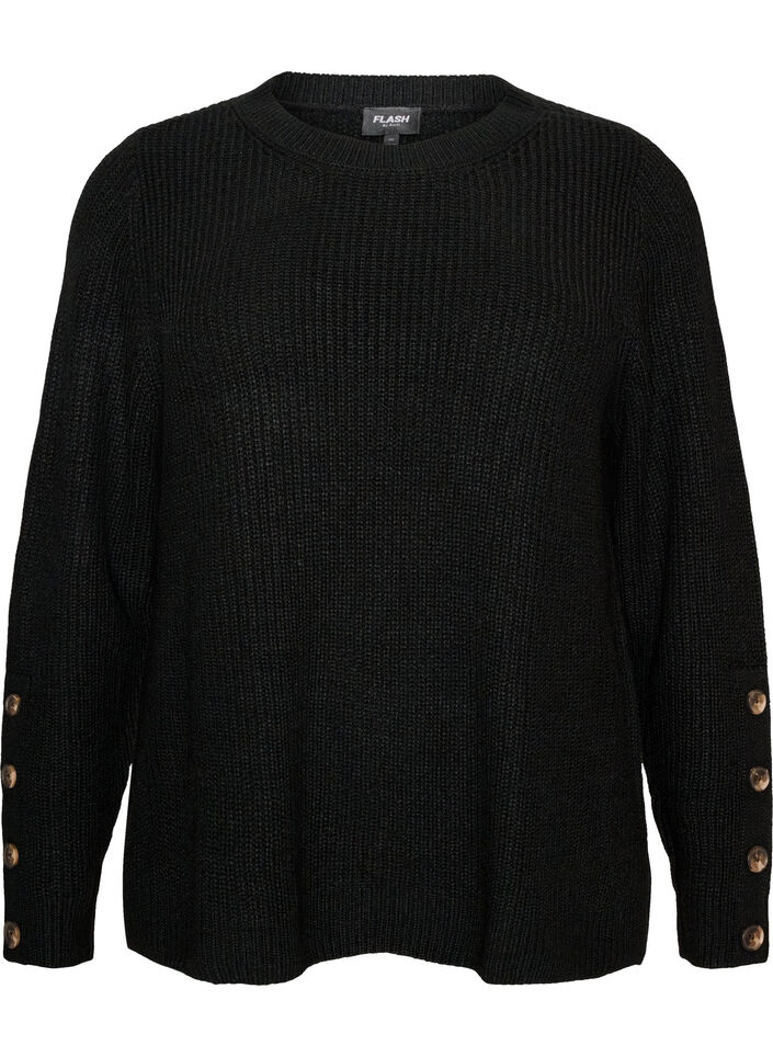 Stickad blus med ribbstruktur och knappdetaljer, Svart, Packshot image number 0