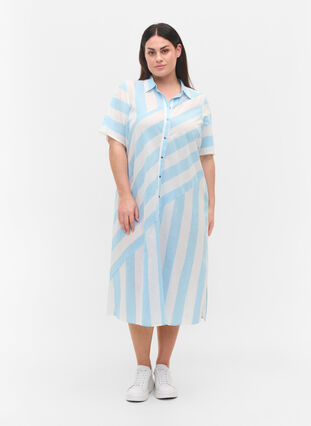 Kortärmad skjortklänning i bomull med ränder, Blue Bell Stripe, Model image number 2