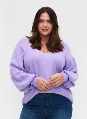 Stickad tröja med v-ringad hals och ballongärmar, Purple Rose Mel, Model image number 0