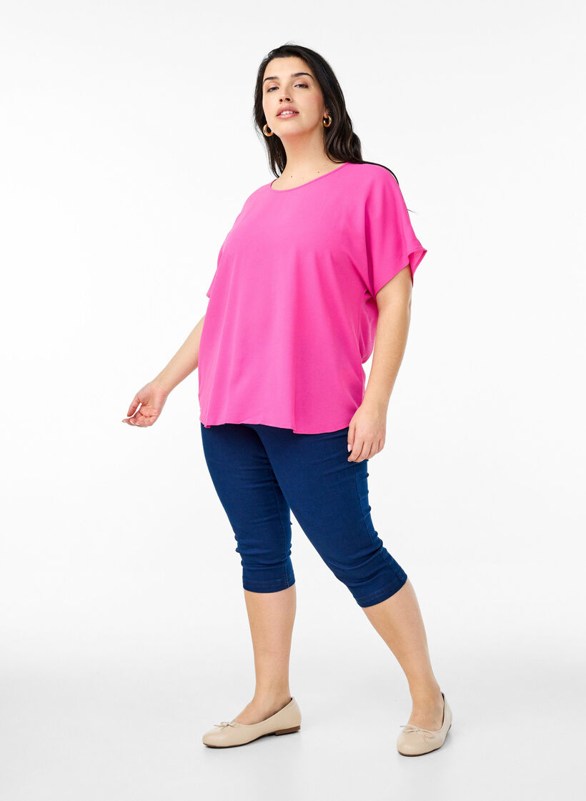 Blus med korta &auml;rmar och rund halsringning, Rosa, Model image number 1