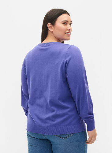 Enfärgad stickad tröja med ribbade detaljer, Purple Opulence Mel., Model image number 1