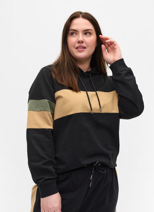 Sweatshirt med huva och färgdetaljer, Black/Camel, Model image number 0