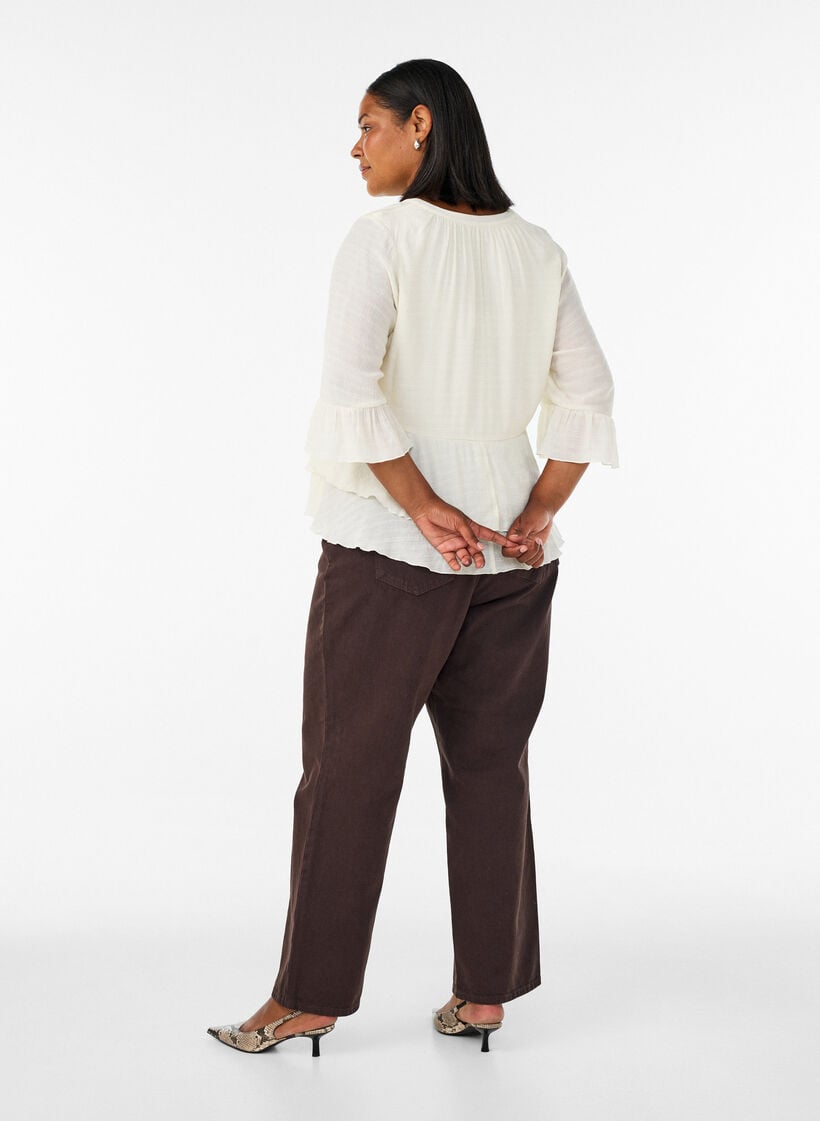 Blus med 3/4-&auml;rmar och volangdetaljer, Vanilla, Model image number 2