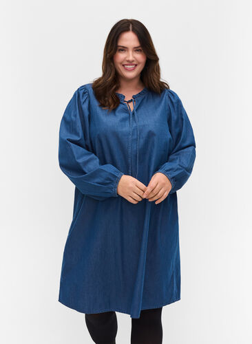 Denimklänning i bomull med knytband, Blue denim, Model image number 0