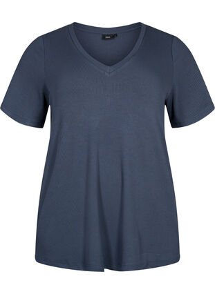 T-shirt i ribbad viskos med v-ringning, Umbre Blue , Packshot image number 0