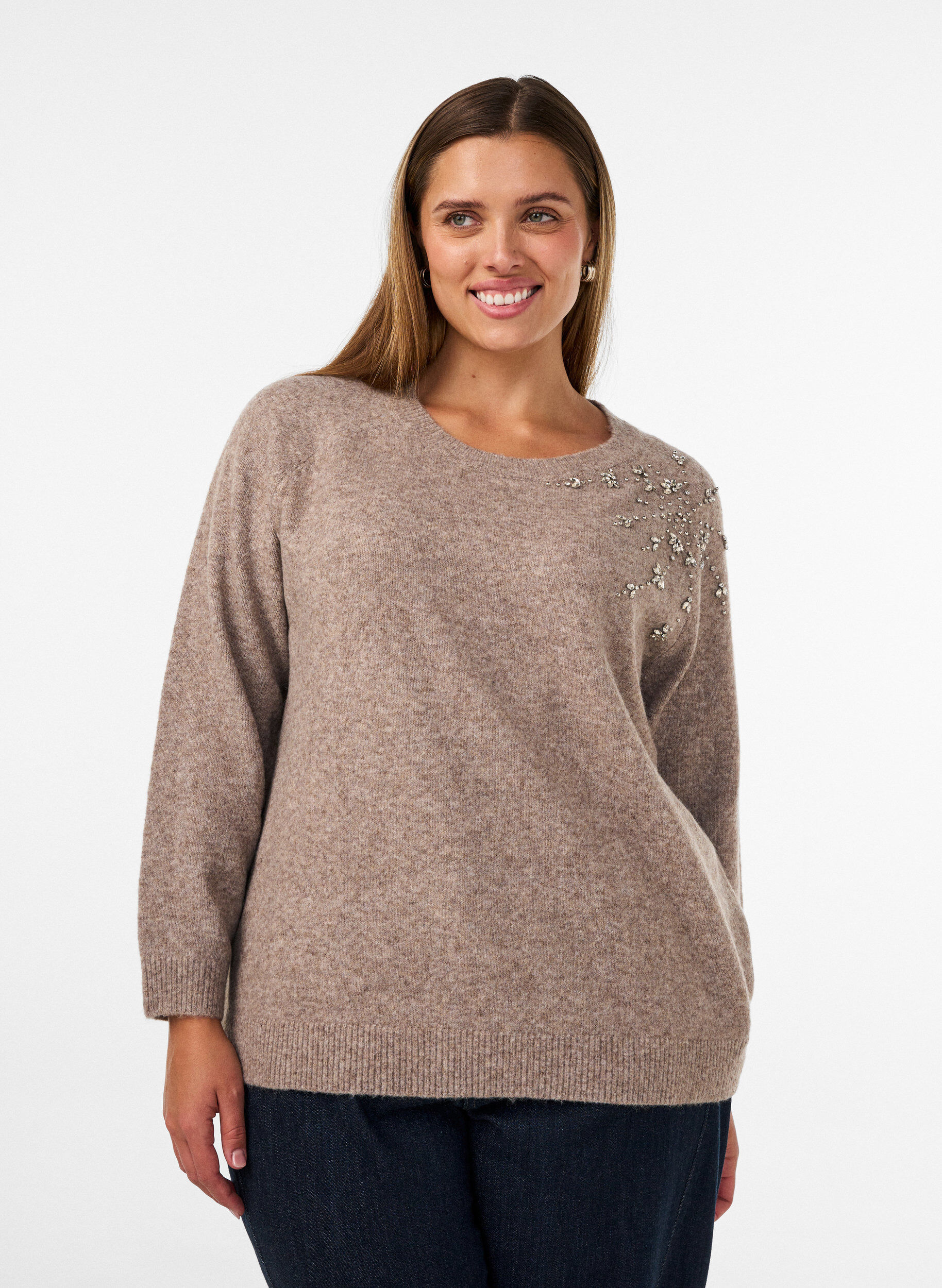 Zizziblus i stickat med strass och nitar, Beige, Model image number 0