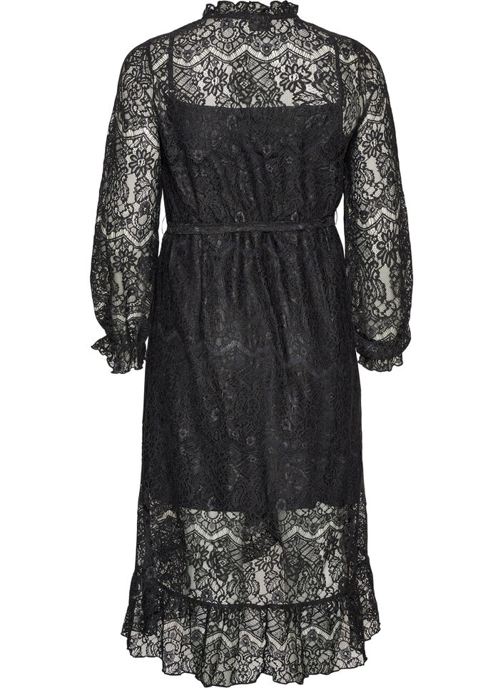 Kl&auml;nning i spets med omlottkjol och volanger, Svart, Packshot image number 1