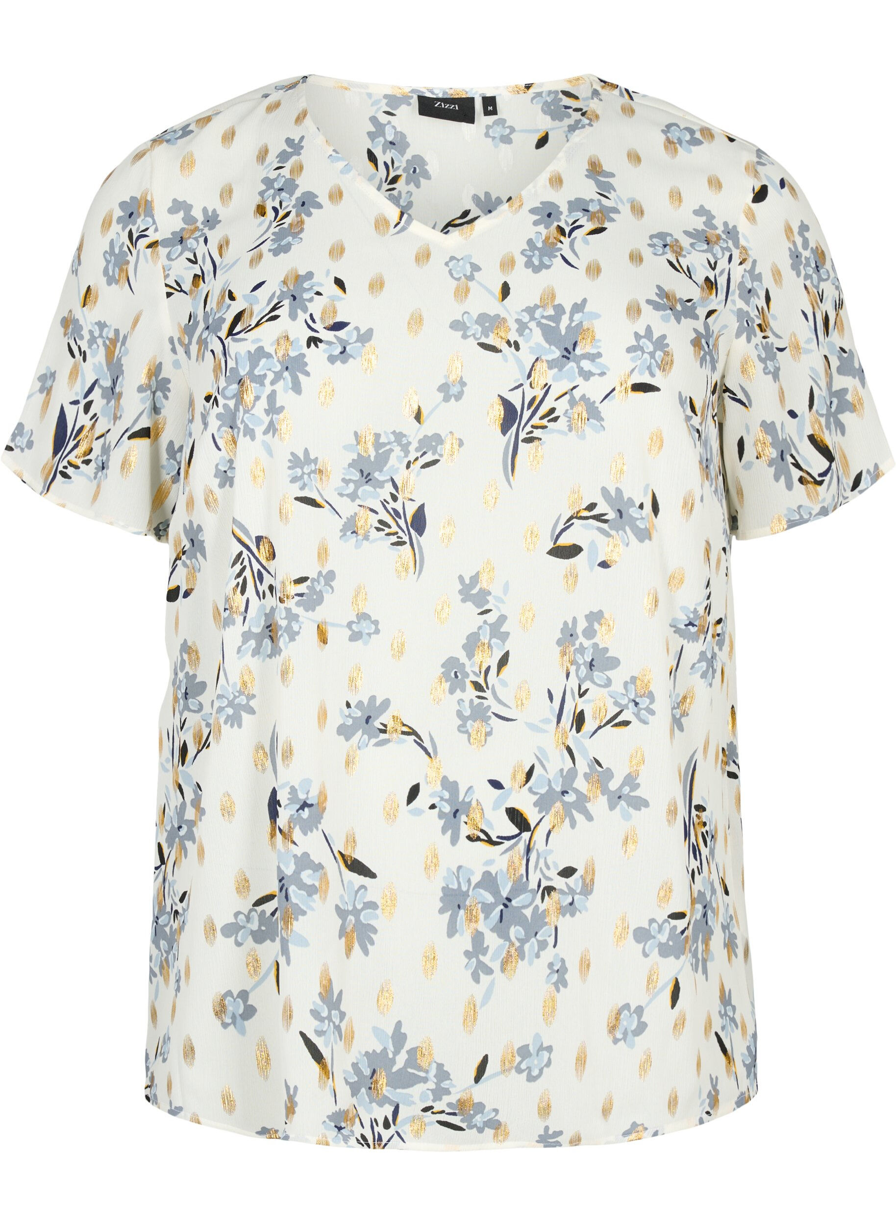 Zizzi Blus med tryck och lurex, White Flower/Gold, Packshot image number 0