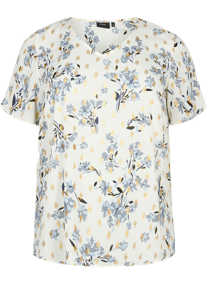 Blus med tryck och lurex, White Flower/Gold, Packshot image number 0