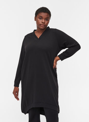 Enfärgad klänning i sweatshirtmaterial, Black, Model image number 0