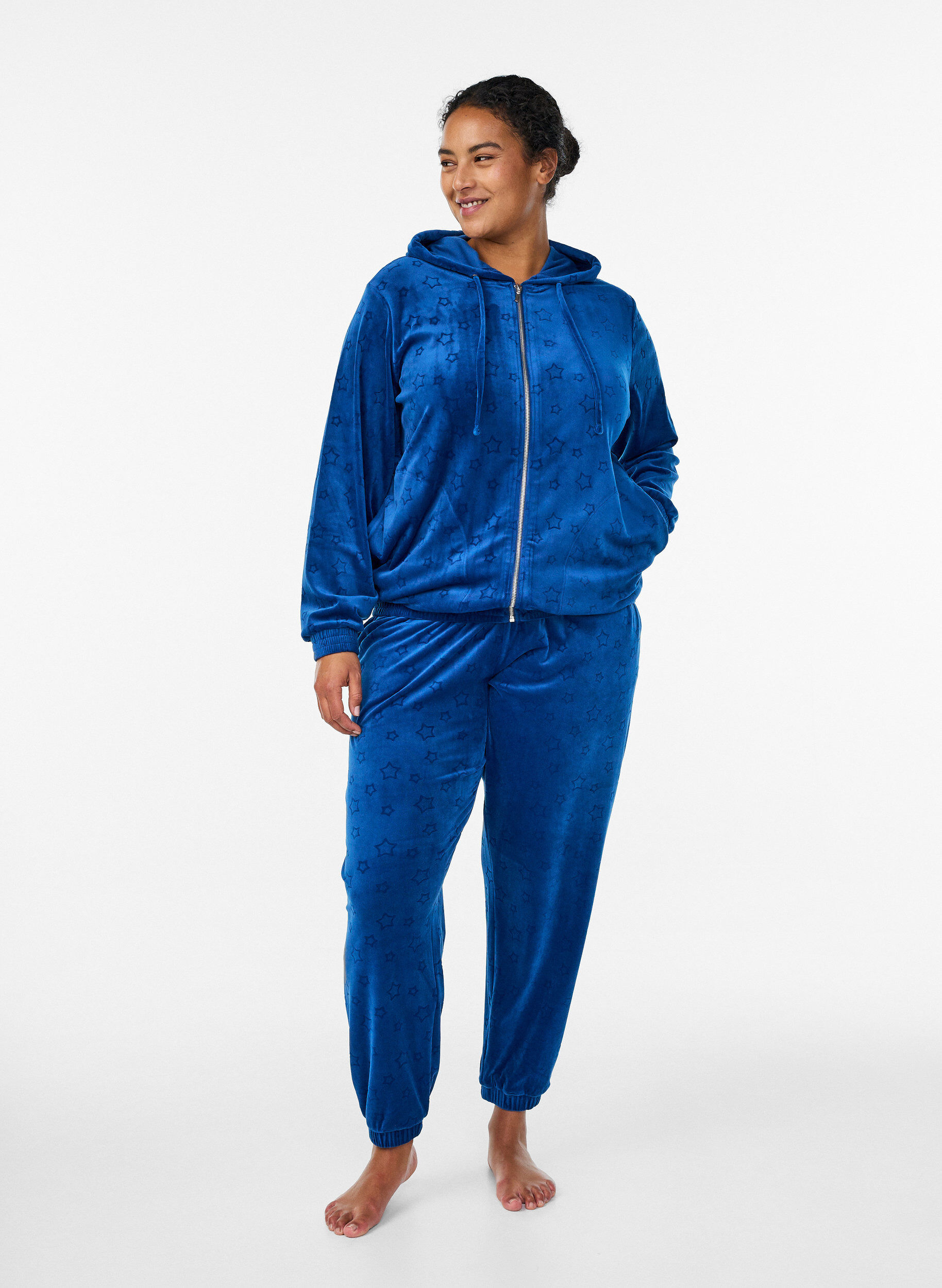 Zizzi Velourkofta med huva och fickor, Bl&aring;, Model image number 1