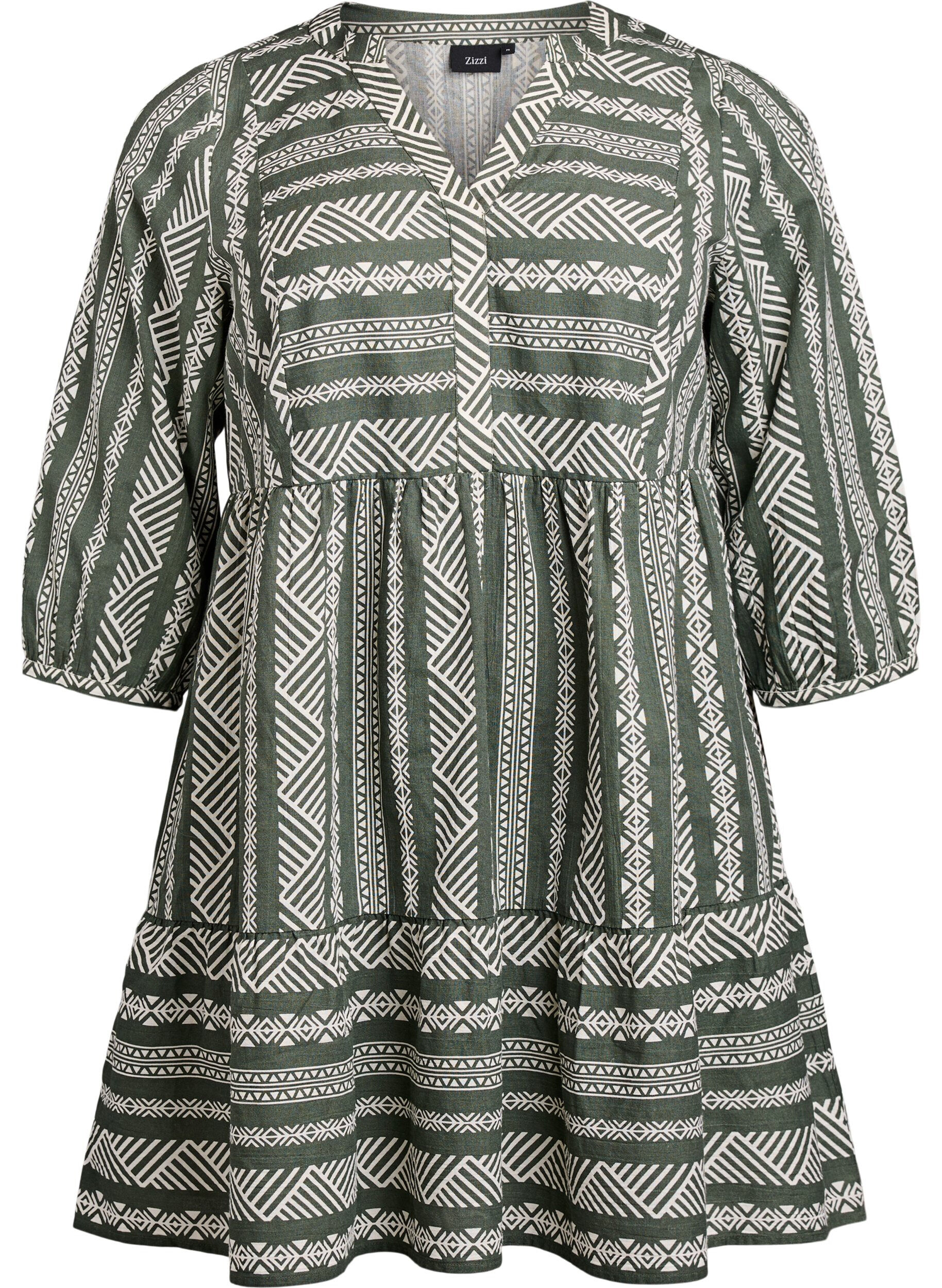 Zizzi Kort kl&auml;nning med grafiskt tryck och 3/4-&auml;rmar, Gr&ouml;n, Packshot image number 0