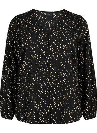 Skjortblus med V-ringning och tryck, Black Dot AOP, Packshot image number 0