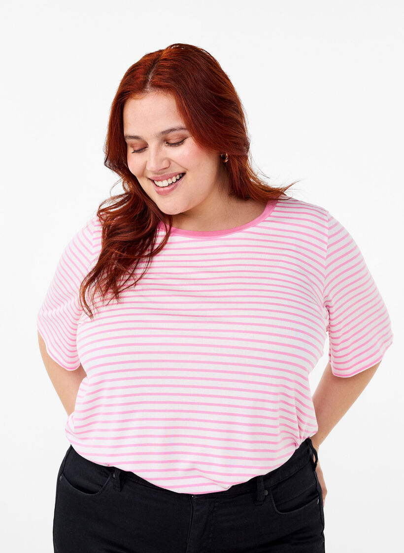 Randig T-shirt i lyocell med rund hals, Röd, Model image number 0