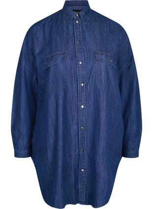 Oversize denimskjorta med fickor, Dark blue denim, Packshot image number 0