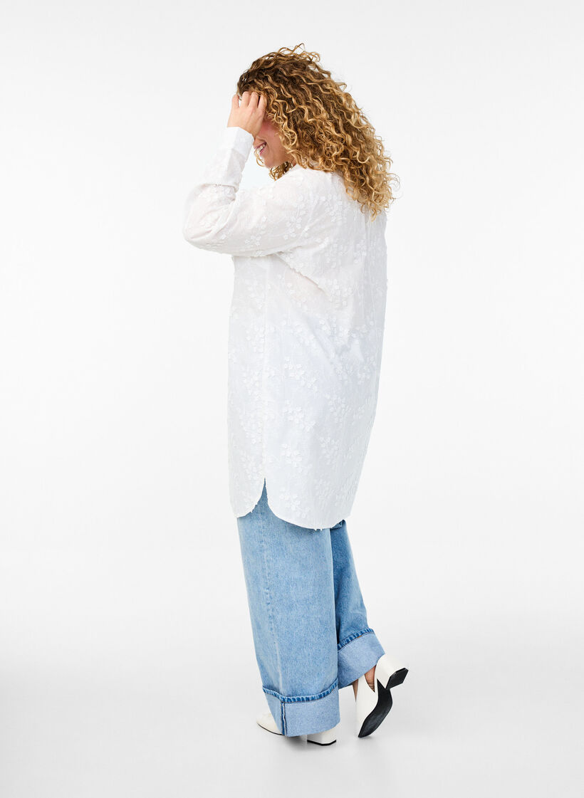 Skjortklänning med broderade blommor, Vit, Model image number 2