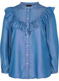 Långärmad skjorta med volanger i lyocell(TENCEL™), Blue denim