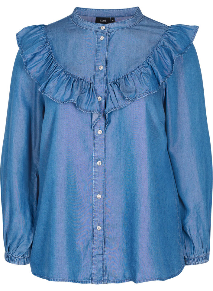 Långärmad skjorta med volanger i lyocell(TENCEL™), Blue denim, Packshot image number 0